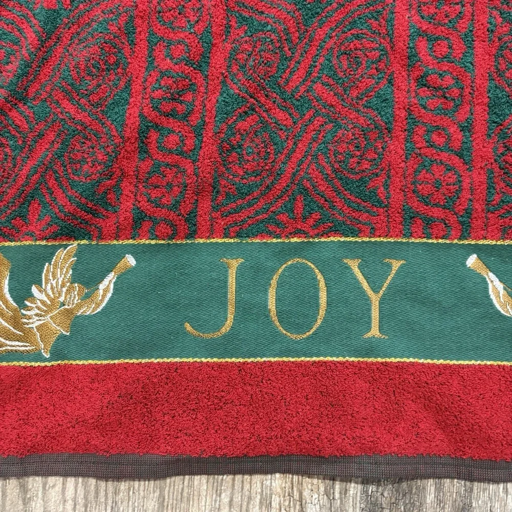 Vtg Santens Christmas Holiday Bath Towel Embroidered Joy Red Green Jacquard MCM